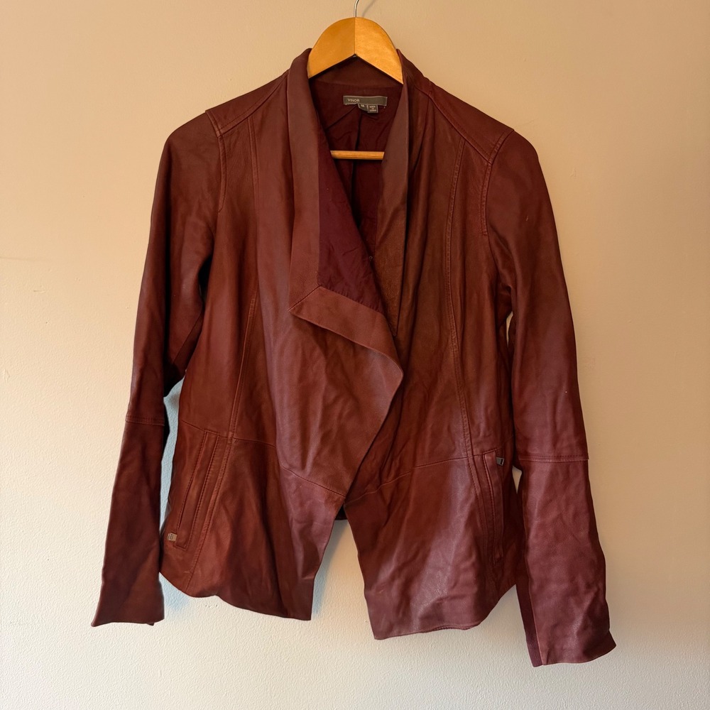 Vince Burgundy vince Goat Leather Jacket Womens m Y2K Waterfall Open Front